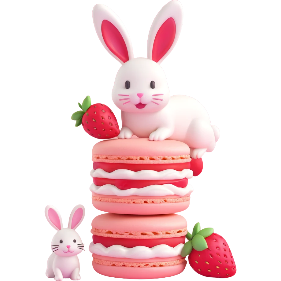 A 3D macaron with a strawberry on top and a bunny peeking out, pastel colors emoji