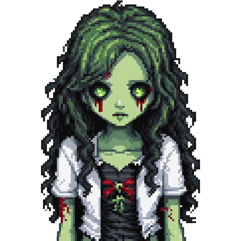 girl zombie with black long curly hair, emo style emoji