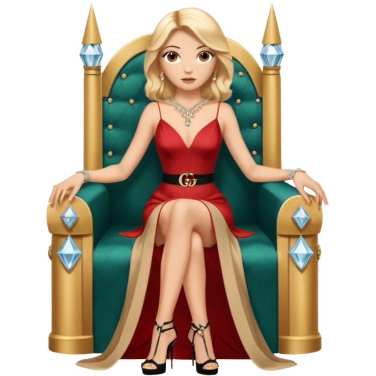 Lilith symbol light brown eyes. Woman of justice and power. Shoulder  length blonde haired  woman with Gucci, and designer bags next to her. Wearing long elegant dress with slit, sitting on a throne and diamonds everywhere around her. Black Platform high heels on feet. designer bags around her.  emoji
