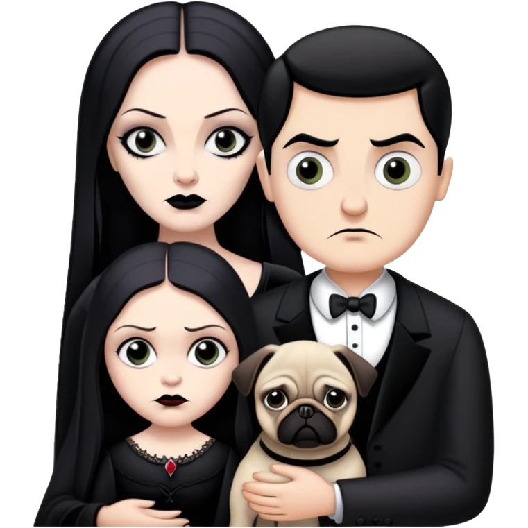 Gomez and morticia Addams with pugsly emoji