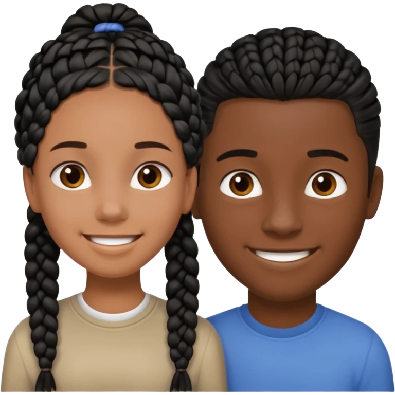 Dark black girl with black braids, smiling, and tan white boy with straight brown hair emoji