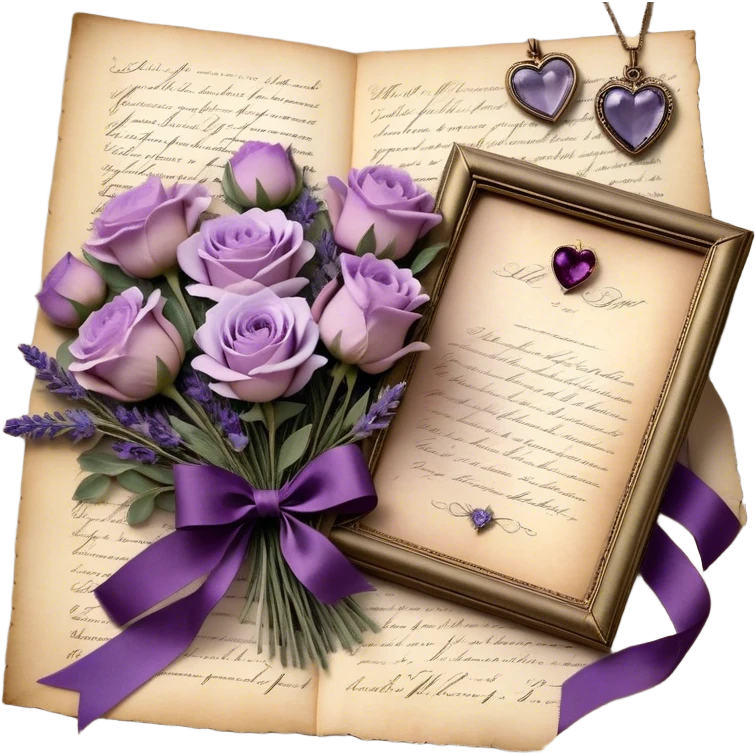A delicate bouquet of lavender sprigs, dusty mauve roses, and deep violet peonies rests atop an antique love letter, its parchment kissed by time, tied with a silken amethyst ribbon forming an elegant bow. Nearby, a tiny heart-shaped locket gleams softly beneath the glow of a crescent moon, while scattered pressed pansies in shades of lilac and plum whisper forgotten sentiments of devotion. A few golden stars shimmer faintly, caught in the folds of the vintage fabric beneath the bouquet, adding a touch of celestial romance. emoji