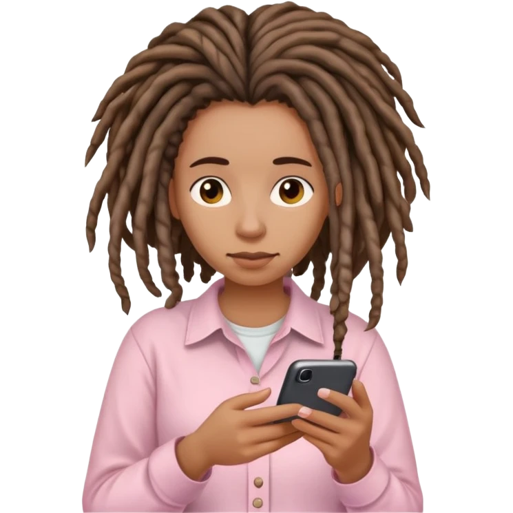 Medium brown woman with dreadlocks in Light pink shirt texting emoji