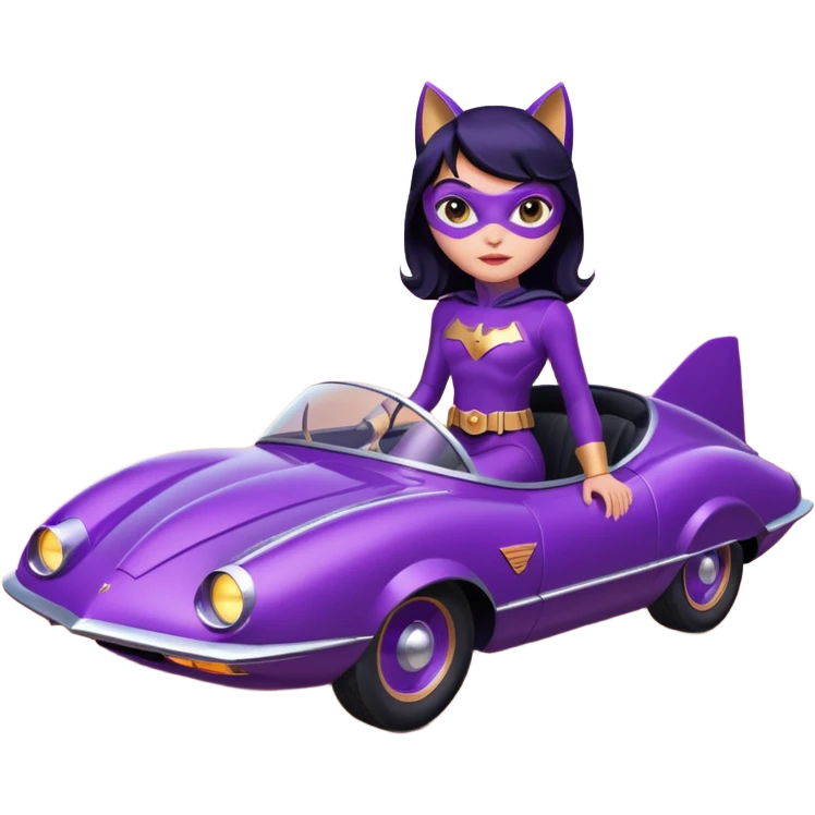 Hot full size real-appearance racing action BatGirl’s Lego feminine midnight-purple tight outfit sixty’s tv show 1992 stealth retro cat burglar sporty petite off-road pursuit hovering hover cruiser car rose gold accents (black hair,reclined and relaxed seating position and attitude) desert emoji