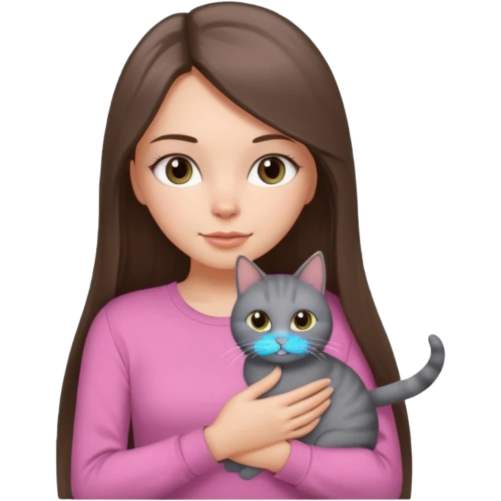 a white girl with brunette long straight hair holding a grey cat. the girl has long lashes and has on a pink shirt. emoji