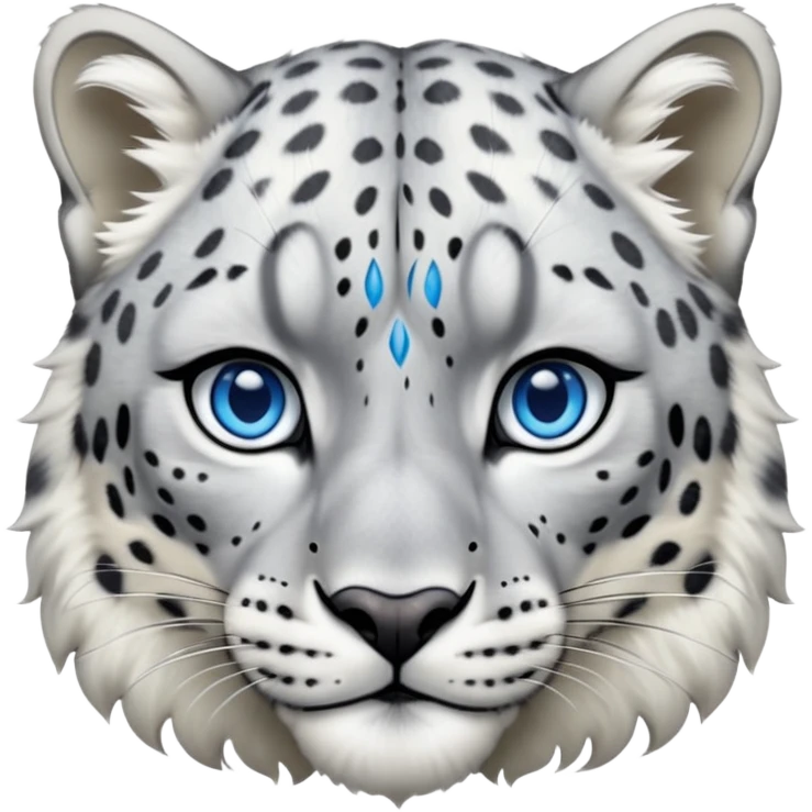 Cinematic-Noble-Snow-Leopard-Portrait-Emoji – Poised and majestic, with a muscular, agile build and a beautifully patterned coat of soft white and grey fur, marked with striking rosettes, deep-set, intelligent icy blue eyes, simplified yet sharp and sophisticated zoomed out showing the shoulders emoji