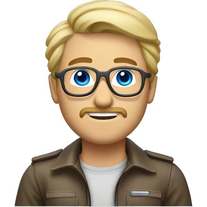 blond man, round mustache and goatee, aviator glasses for vision, long hair back, blue eyes emoji