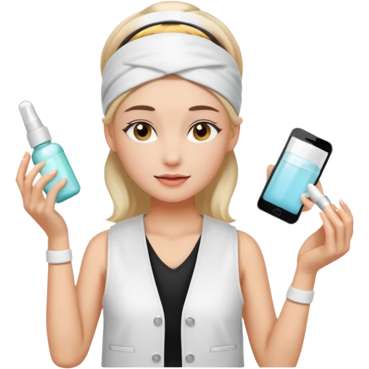 Clean girl aesthetic emoticons, apply skincare products, headband, glowing skin, white vest, soft lighting emoji