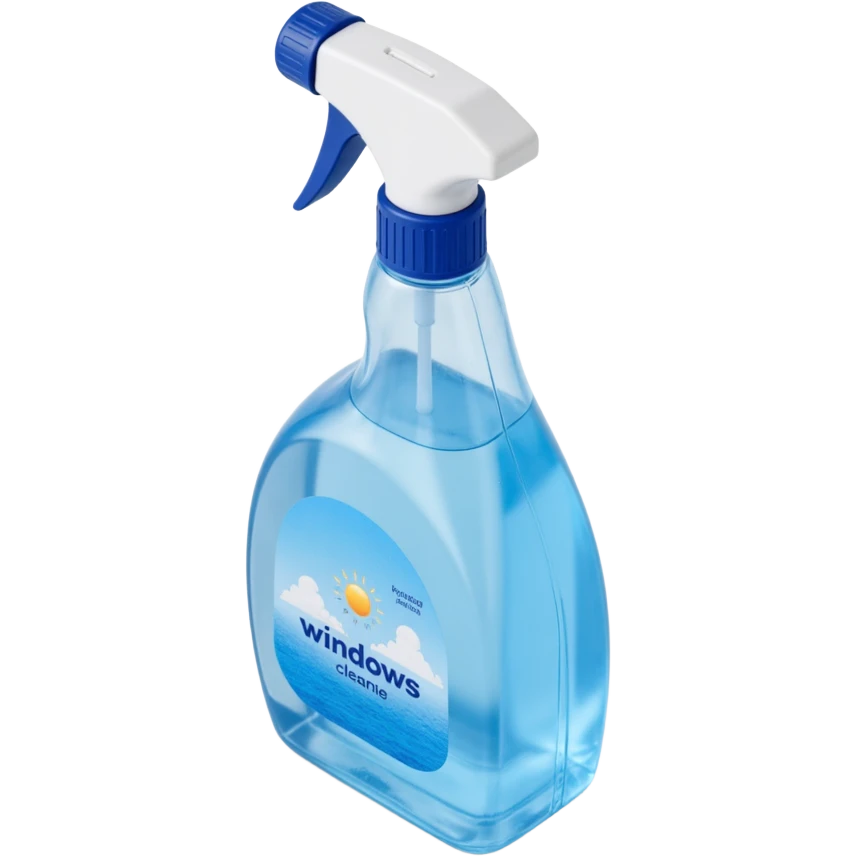 skeuomorphic 3D window cleaning spray bottle, detailed plastic texture, visible label, blue and white color scheme emoji