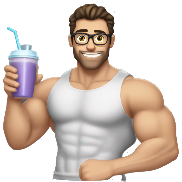 caucasian white muscled guy dark hair drinking a protein shake, half body shirtless, wear glasses emoji