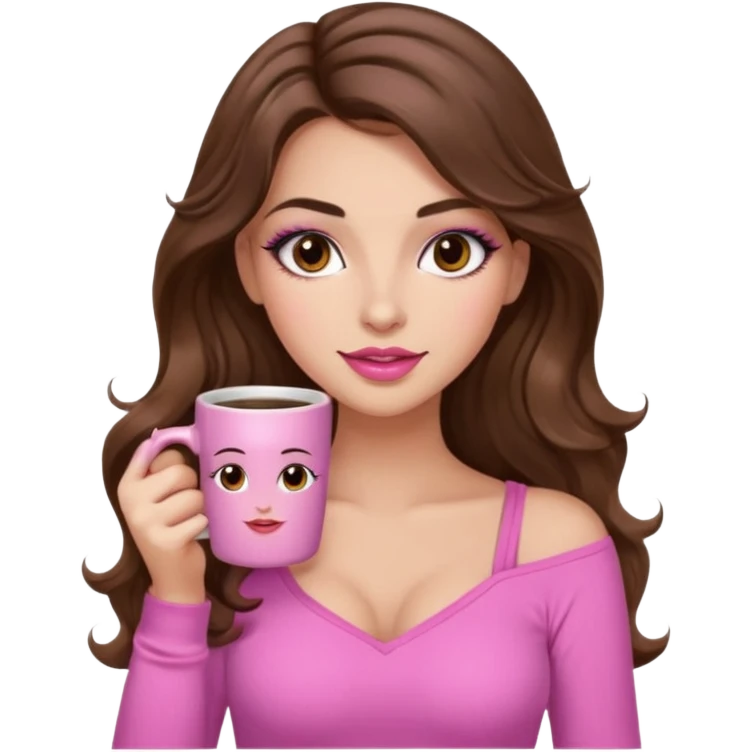 girl with long wavy brown hair, brown eyes, long lashes, makeup, ,sexy pink lips, light to medium complexion, pink sexy top, with a coffee mug emoji