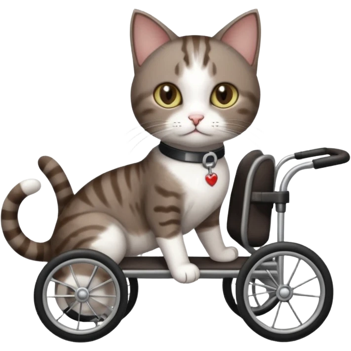full body small short hair dark brown and white cat with hazel eyes walking in a wheelchair for cats emoji
