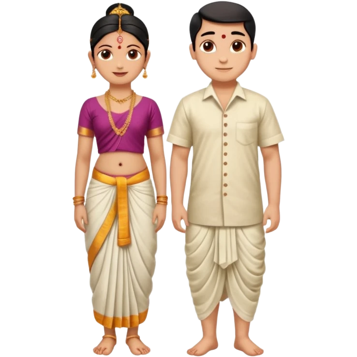31 years young and small Brahmin boy with traditional formal cotton shirt and cotton lungi is pleasent peaceful thankful to 18 years young and fat and tall Brahmin girl with the complete decoration of bharatanatyam as godess lakshmi devi. emoji