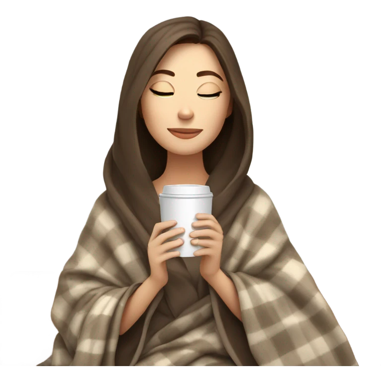 White girl brunette inside a blanket sipping coffee eyes closed emoji