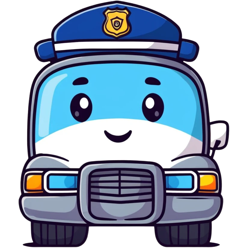 A cartoon police car character with a cute face, flashing lights and a small badge emoji