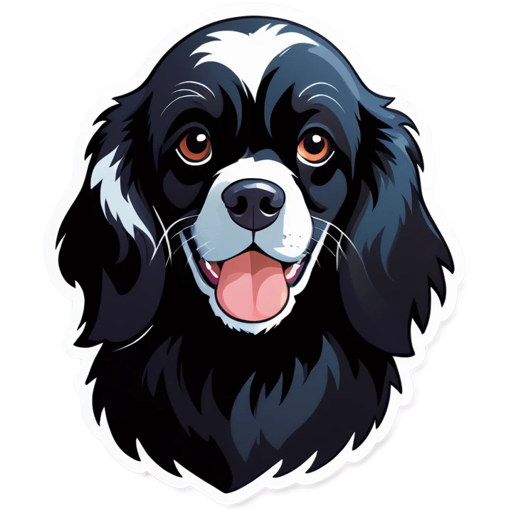 A completely black spaniel with a white marking on its chest. emoji