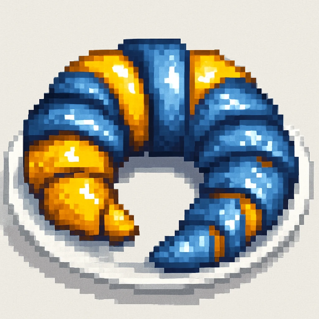 Put the blue Danish croissant on a white plate, keep the original pixel art style emoji