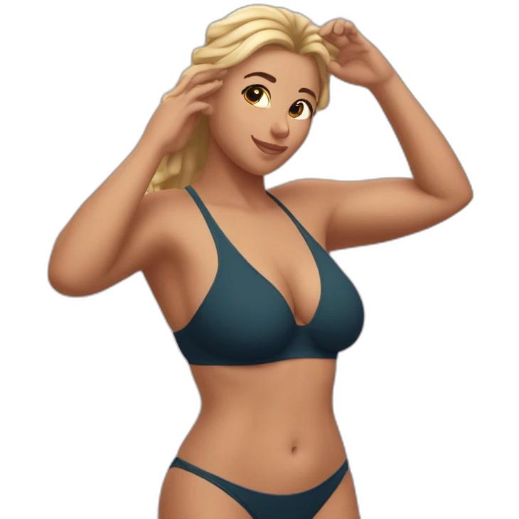 Slim-thicc Caucasian woman bikini hands in hair pose (beach body) emoji