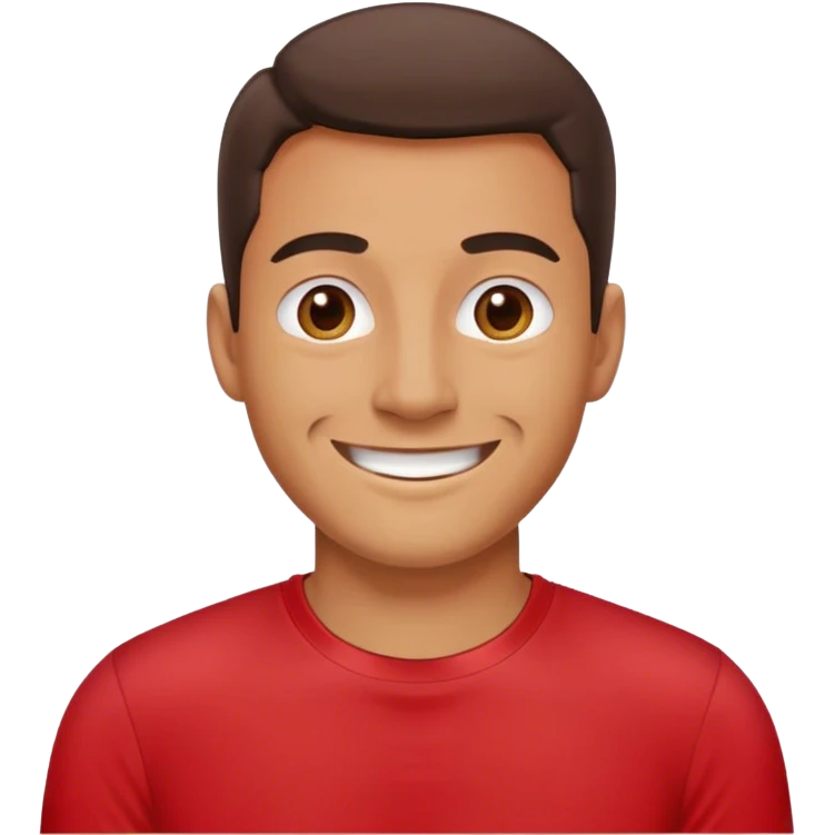 A man with red t shirt, smiling big,  emoji