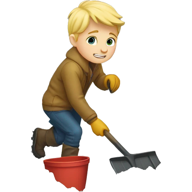 Blonde haired boy digging out a car stuck in the snow emoji