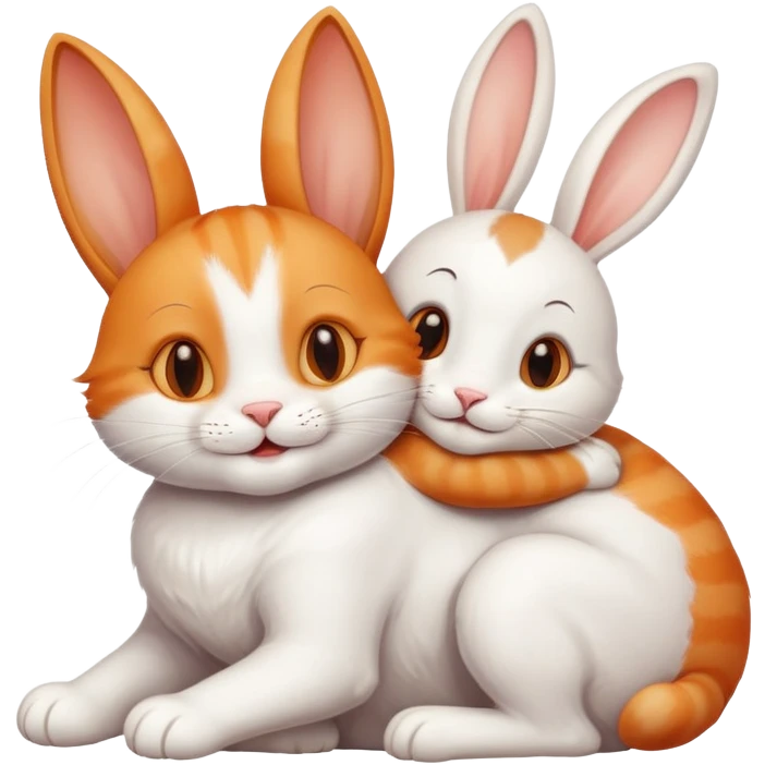 Smiling cat hugging a rabbit friend emoji