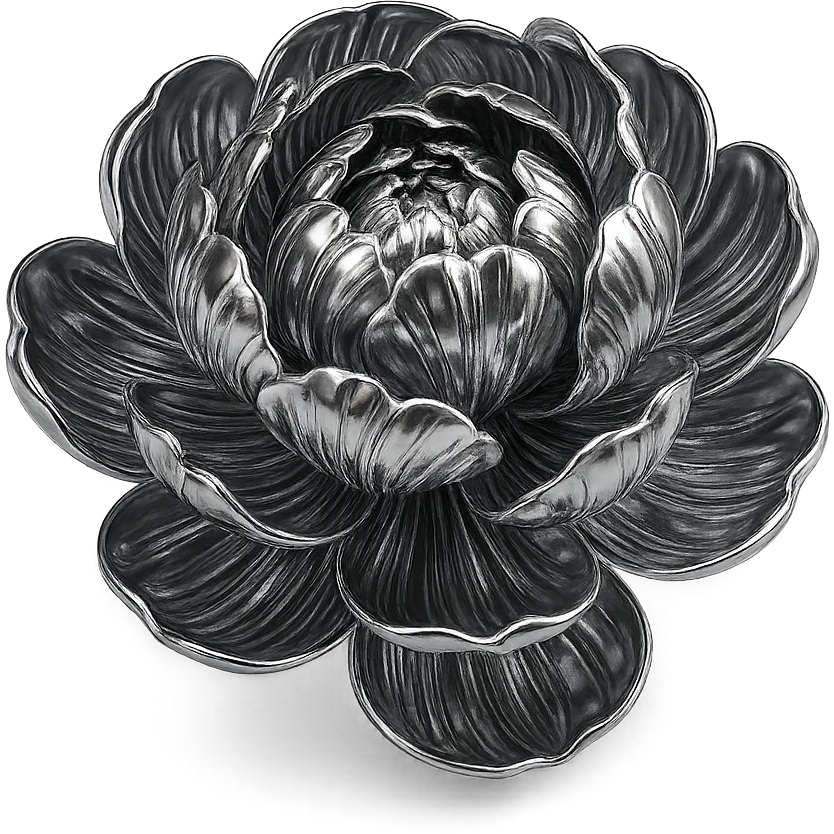 abstract chrome peony with swirling metallic petals, radiant and polished emoji