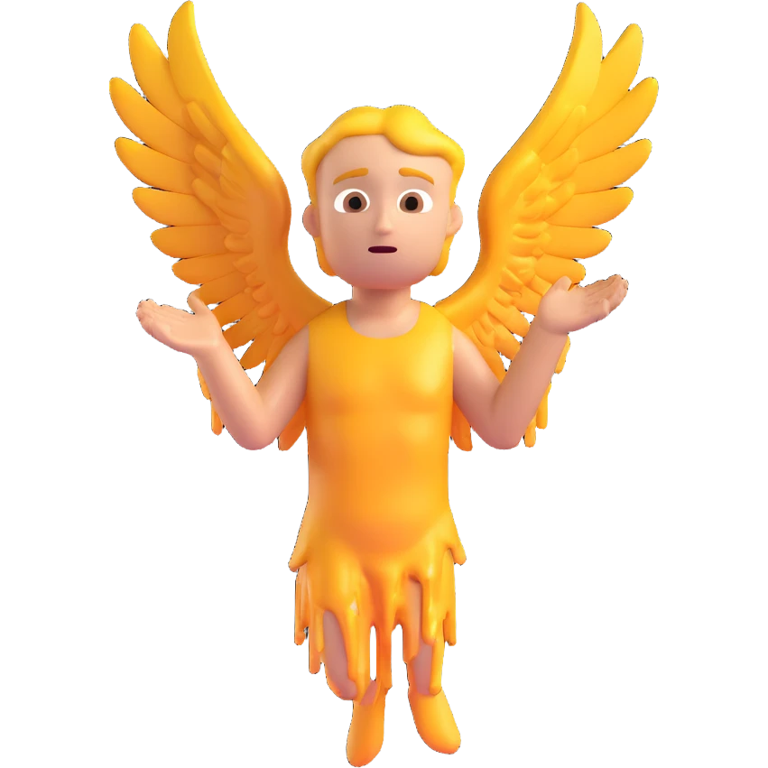 Icarus with melting wings, arm raised, gazing upward, 3D emoji style emoji