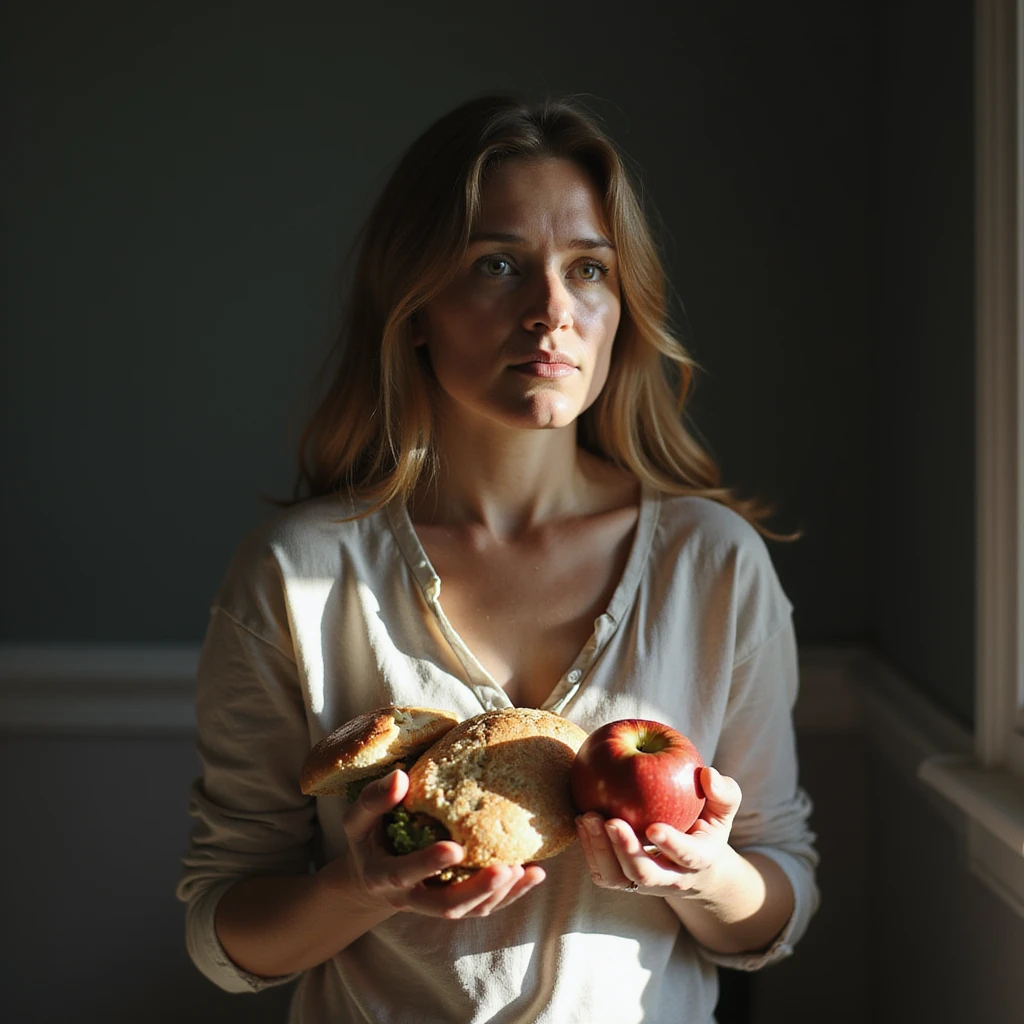 adult woman, photorealistic, diet no longer effective, lost gaze, surrounded by light food packages, holding an apple, sad atmosphere, natural light, kitchen background emoji