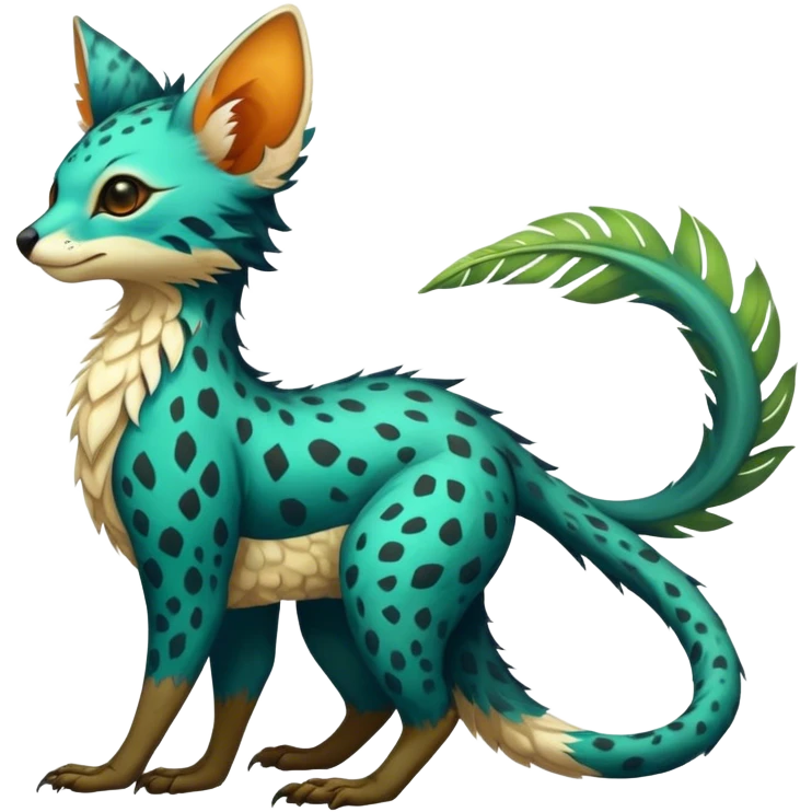Feral Rare Fantasy vibrant tropical Vernid-Trico-species by LiLaiRa, random markings, tufted tail, tufted ears, full body emoji