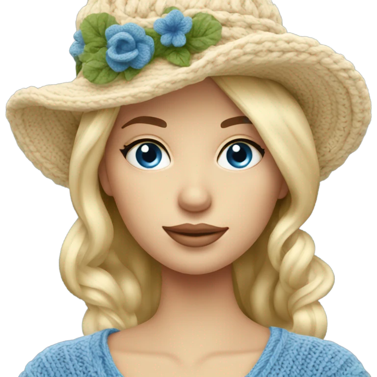 beautiful finnish blonde woman with blue eyes knitting floral hat emoji