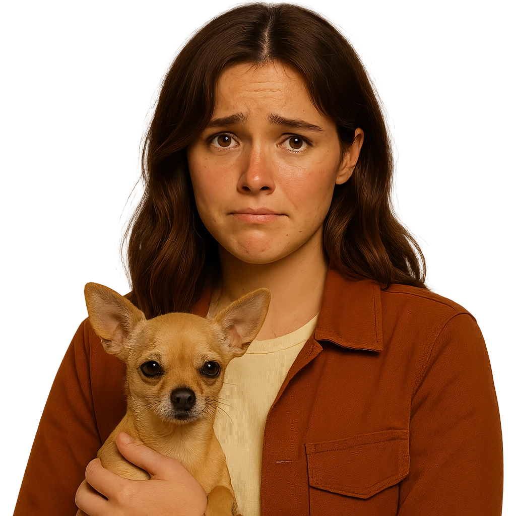 Centered portrait for Instagram profile picture inspired by the facial features visible in the reference images. Tanned complexion with subtle freckles, wearing a shirt colored #FFF8CA and a rust-colored jacket. Medium-length brown hair with auburn highlights. Expression is embarrassed and shy. Holding a beige-brown chihuahua. Style inspired by a Netflix series, intimate Tenerife ambiance, transparent background. emoji