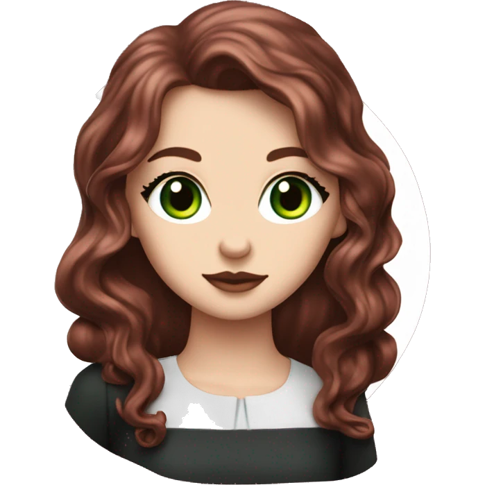 a white girl with dark red burgundy wavy hair and black eyeliner and green eyeseating a huge piece of chocolate cake  emoji