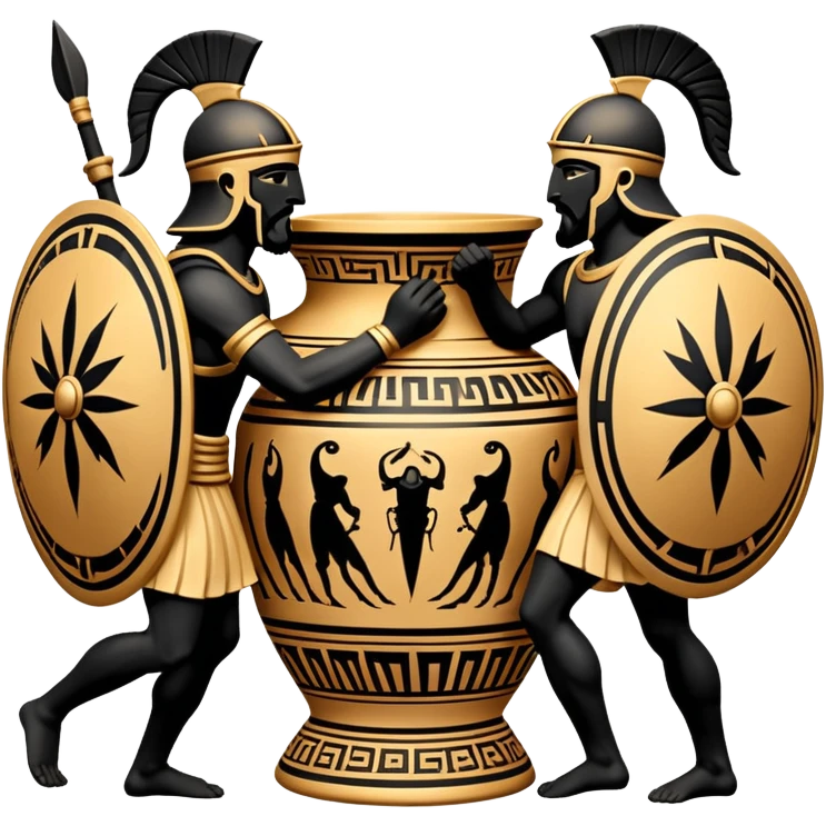 Cinematic-realistic Grecian urn, an exquisite black-figure pottery masterpiece resting in the dim glow of an ancient temple. Intricate golden depictions of two warrior fighting with spears and warriors encircle its curved form, telling timeless myths of heroism and tragedy.  emoji