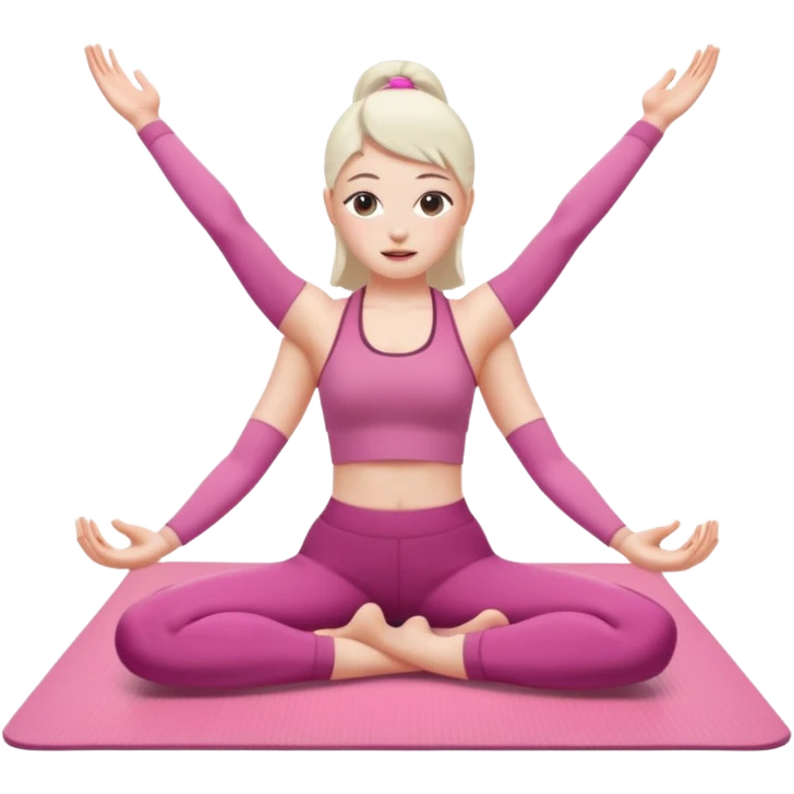 a pretty 20-year-old woman with white skin doing stretching on a pink yoga mat, iPhone memoji style emoji