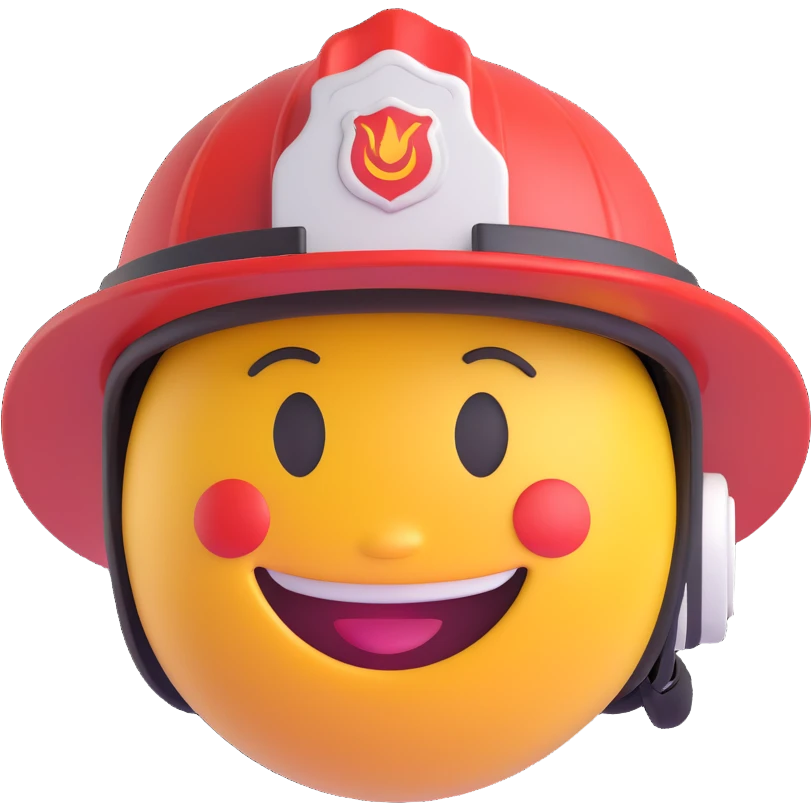 3D smiley emoji, round shape, firefighter helmet, smiling face emoji