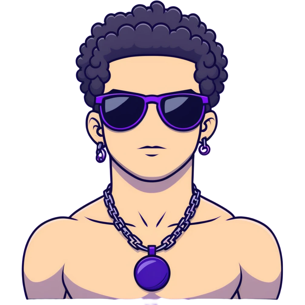 shirtless male athlete with white skin and moderately curly black hair on top with shaved sides, wearing purple sunglasses with very dark heavily tinted black lenses, and a simple plain black chain necklace with absolutely no pendant or decoration emoji