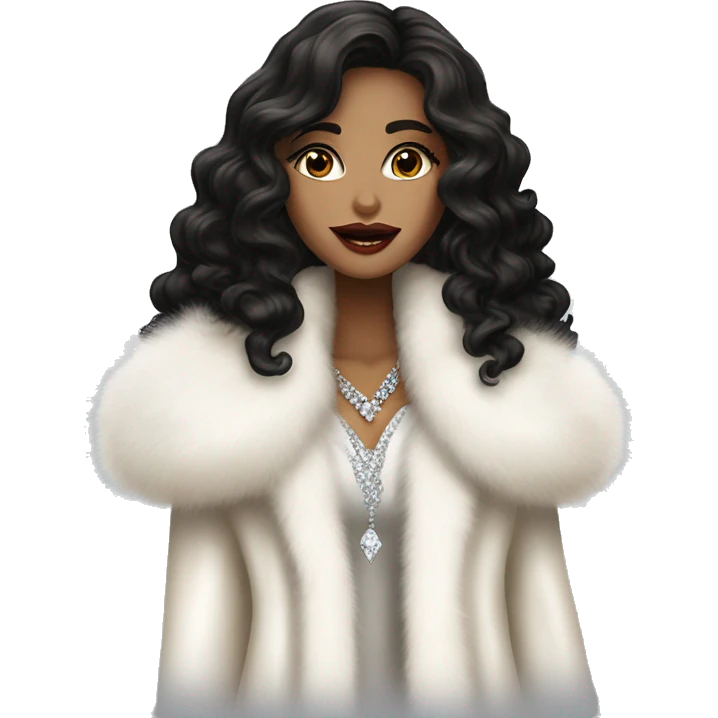 pretty elegant light brown woman with diamonds long black curly hair  and white fur coat and big lips emoji