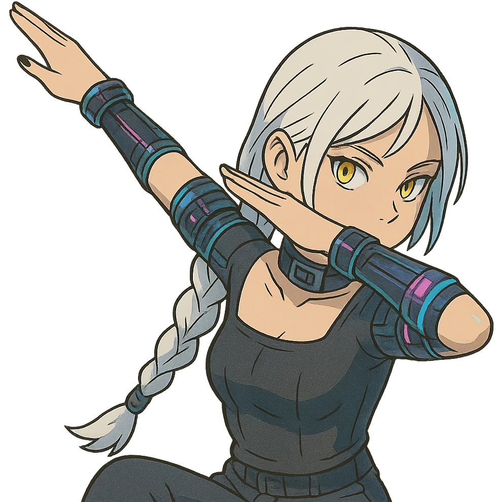 she is dabbing, a closeup portrait of young woman with gold yellow eyes, white hair, long braid, black off-shoulder top d-cup, punk gothic style, futuristic cyberwave cyberpunk, sitting position emoji