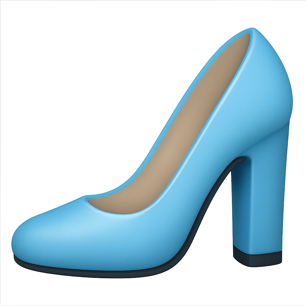 Edit the image to depict a light blue pump shoe with a slightly flatter and very thick heel in the style of Apple emojis. The background should be transparent. emoji