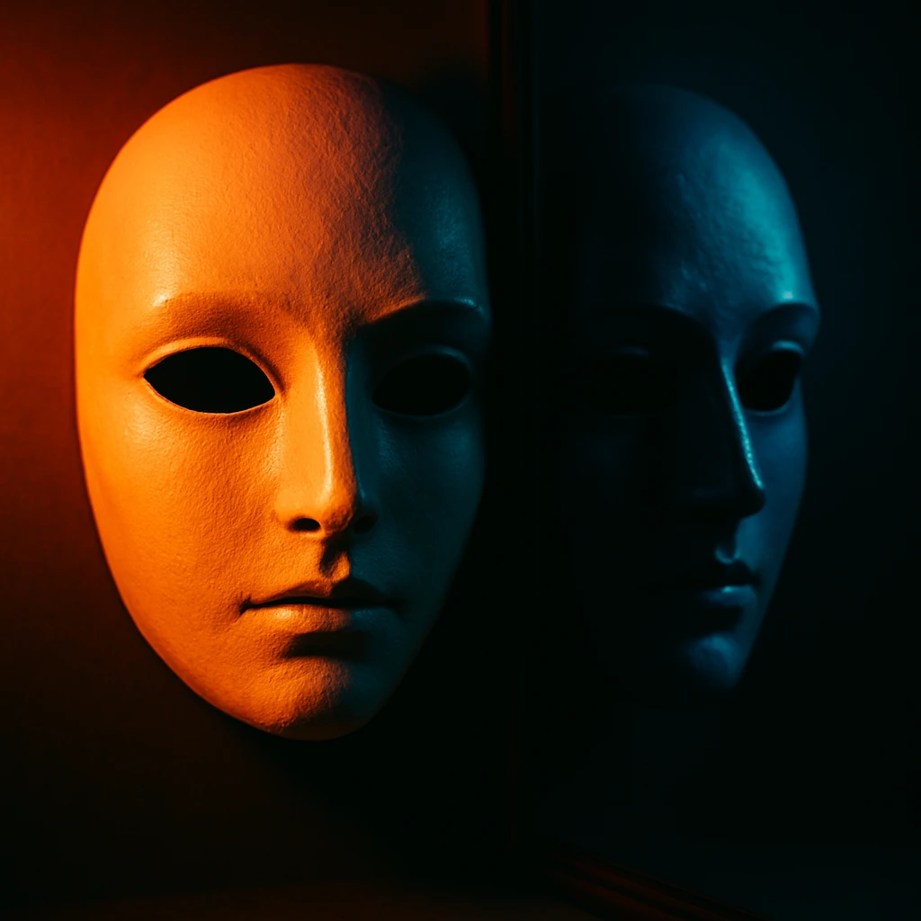 a mask and its mirror image, creative lighting and composition, artistic, visually appealing emoji