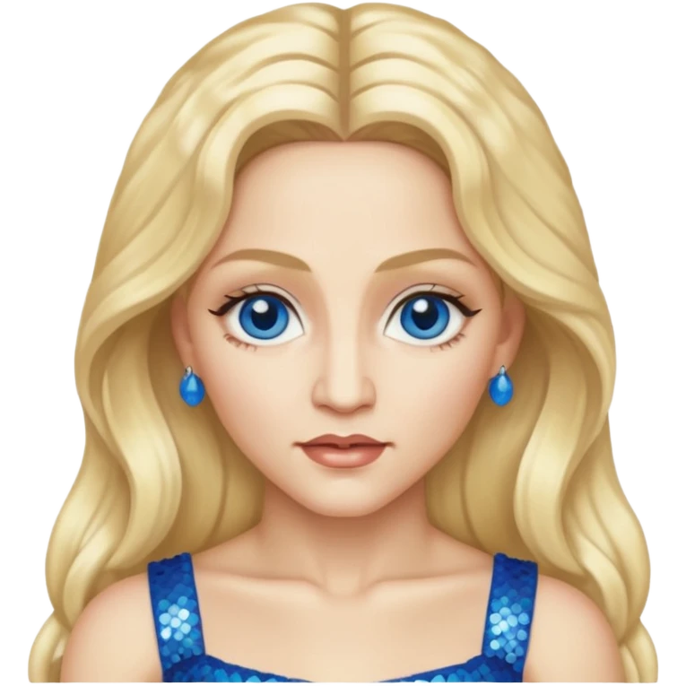 Madonna with blonde long hair, ivory sequin crop top, blue eye emoji