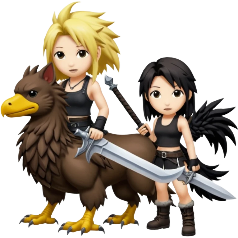 Cloud & Tifa FF7 character emoji - with fenrir blade & black chocobo  emoji
