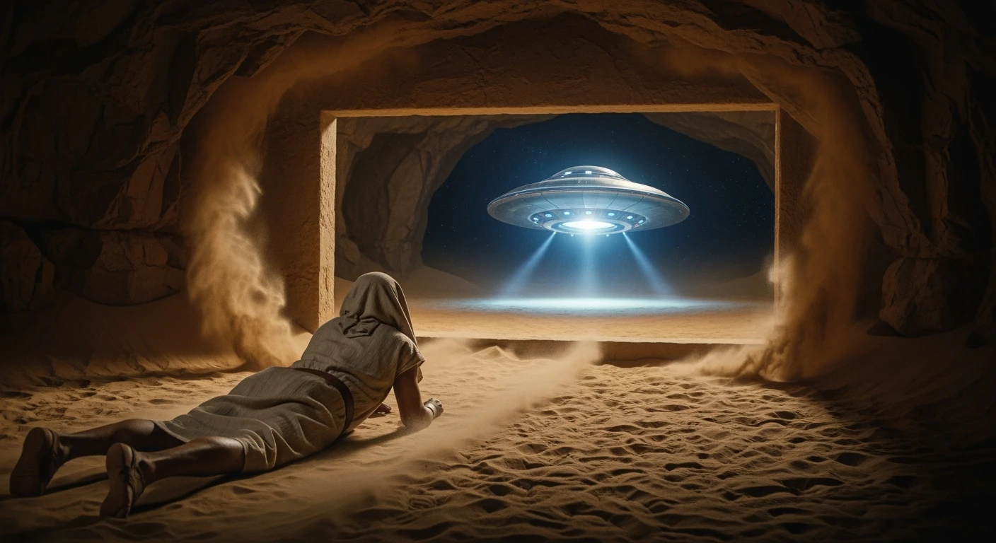 cinematic still, documentary photography, acient egypt, back shot of a man dress in ancient clothes in cave (frame in frame effect) on ground laying front of ufo starship, sand flying around, dynamic scane, leading lines, captured by arri alexa emoji