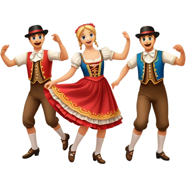 Cinematic Realistic Schuhplattler Dance Emoji, depicted as a lively traditional folk dance scene with performers in authentic Bavarian costumes, rendered with dynamic textures and festive natural lighting that captures the spirit of rural celebration. emoji