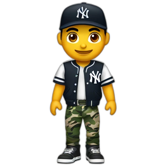 Crea un muchacho rockero, con pantalón camuflageado y una playera negra de NY yankees, con cabello rizado, brazos tatuados y un letrero que diga tichobboy emoji