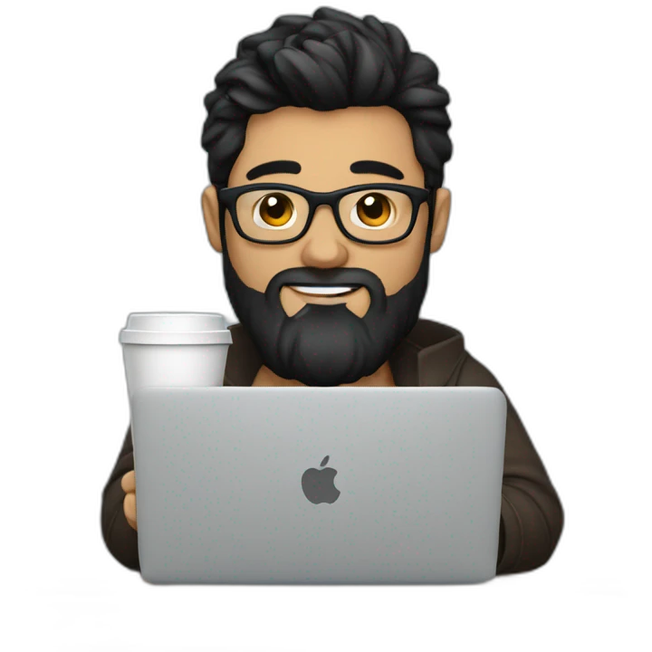Designer with black hair, beard and glasses working with MacBook and drinking cappuccino  emoji