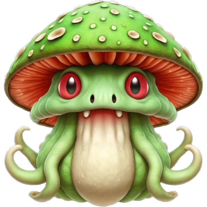 poisonous mushroom beast portrait, head and shoulders only, creature made mostly of mushroom flesh, thick mushroom cap head, layered fungal textures, toxic green spore glow, animal-like eyes, fantasy monster pet vibe, 3D cartoon, mobile game icon style, clean background, no text, no watermark

 emoji