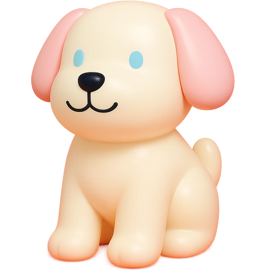               Transform {subject} into a soft vinyl figure with a smooth, glossy surface. The material should look slightly rubbery and tactile, with minimalistic curves and a matte-gloss hybrid finish. Use pastel or soft solid colors. The surface is seamless, with no visible textures or roughness. Studio lighting, vibrant background, clean, playful, designer toy aesthetic and no shadows. {subject} = dog, make sure the mouth has nice outlines emoji