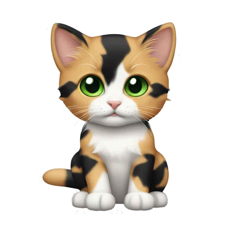 Calico kitten with black stripe down face with green eyes emoji