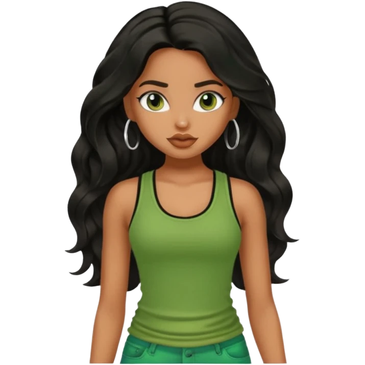 a pretty bratz brown girl with long wavy black color hair and green tank top on emoji